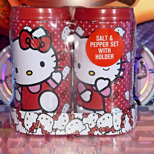 Hello Kitty Salt and Pepper Shaker Set & Holder Red Bow Tin Metal 2024 Sanrio